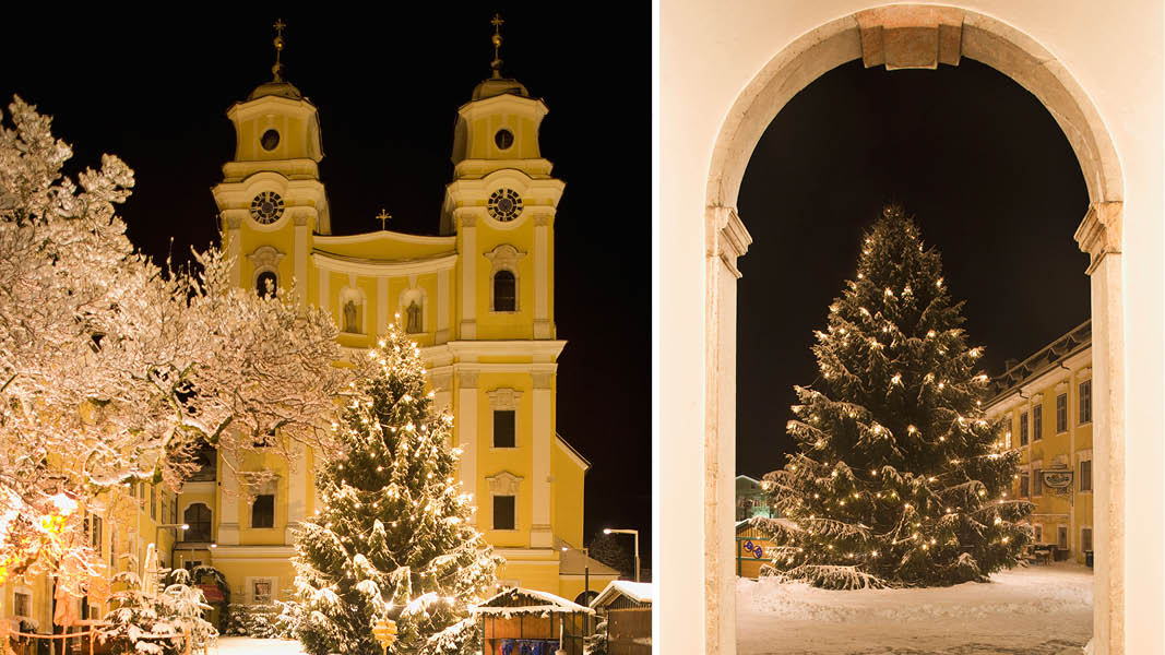 vinterland i krakow med juleljus och granar